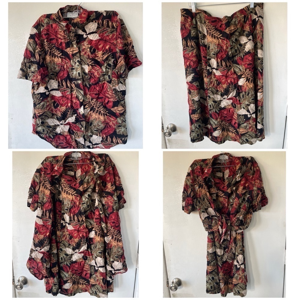Alfred Dunner Tropical Leaf Print Shirt and Skirt Set